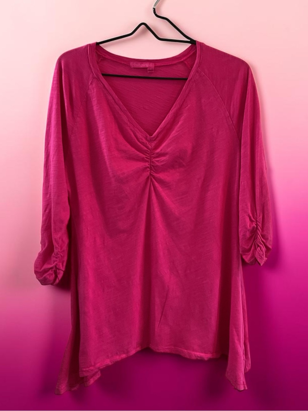 Fresh Produce V-Neck Ruched Front, 3/4 sleeves, Fuchsia Pink